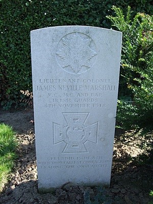 The Grave reads: "Lietenant Colonel James Neville Marshall, V.C., M.C. & Bar, Irish Guards 4th November 1914. Splendid is Death When Thou Fallest Courageous Leading the Onslaught"
